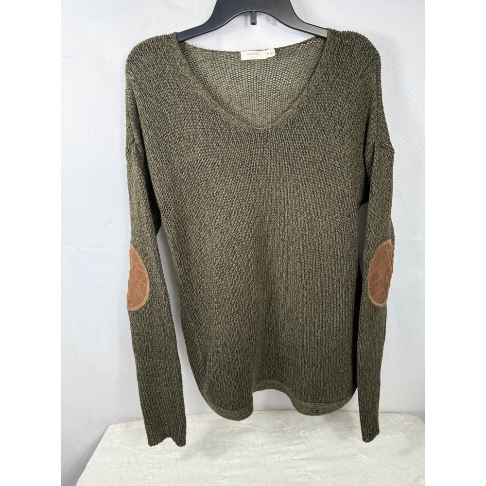 Harper Olive Green Knit V-Neck Sweater Brown Elbow‎ Patches Womens Medium
